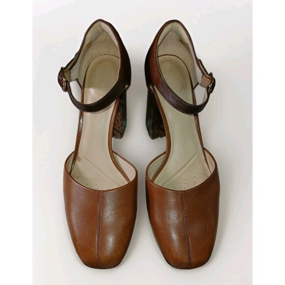 Clarks Mary Janes clogs Brown Leather Platform Straps Snakeskin Block Heel 9 M - Picture 6 of 16